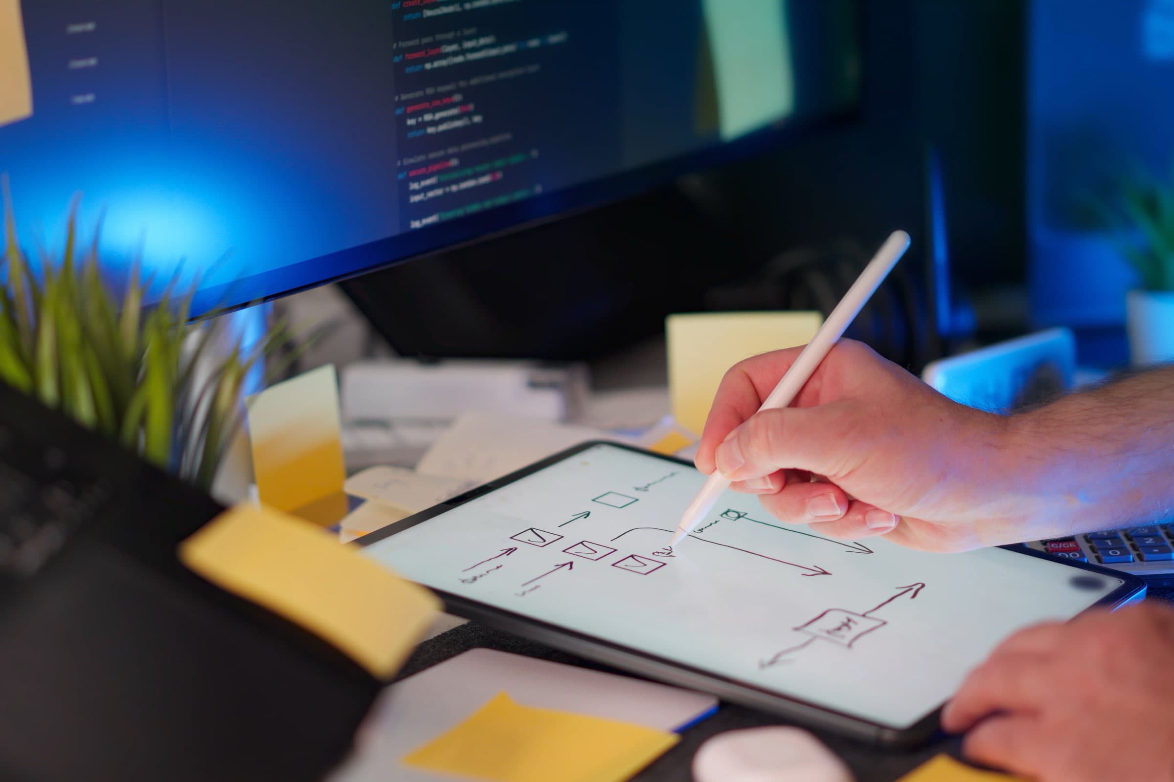 Hand drawing a website page plan with a stylus on a tablet, with sticky notes on the desk and code on a monitor behind